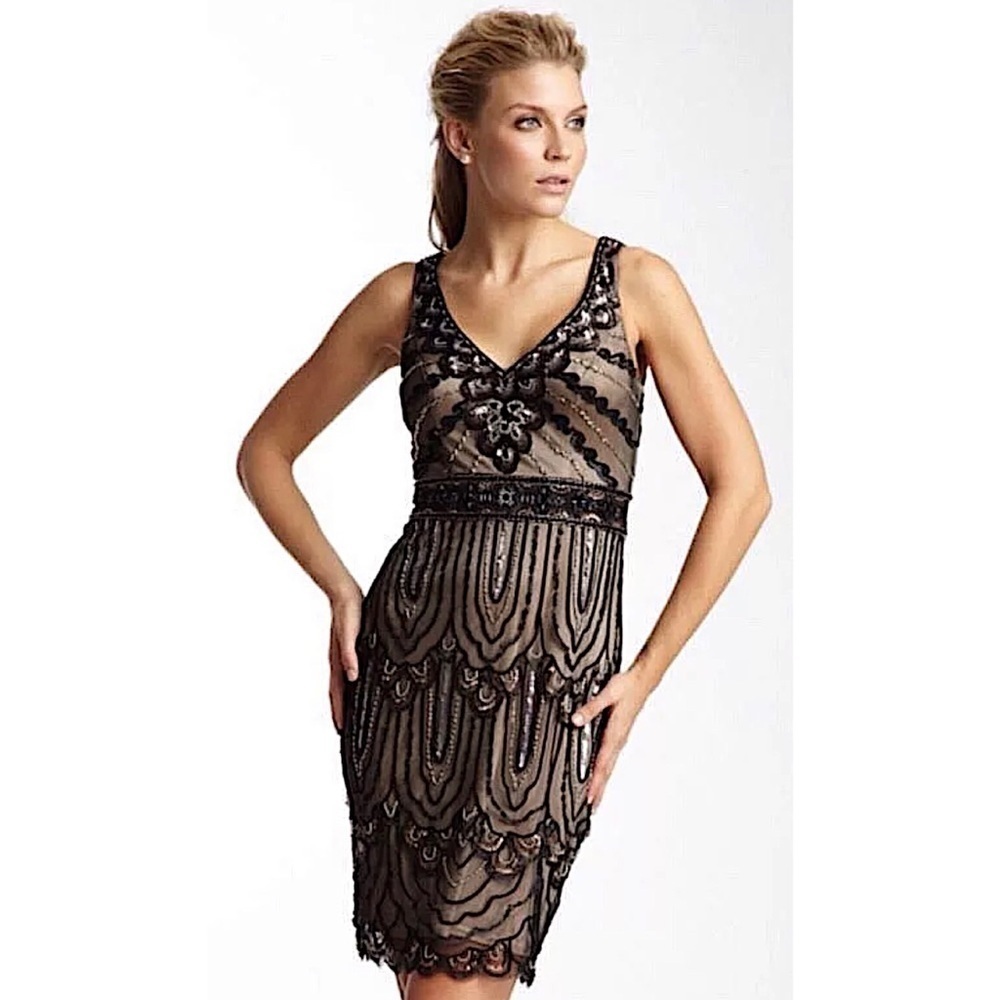 SUE WONG 4 Black Nude Beaded Sequin embellished Formal Cocktail dress